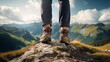 Closeup of feet from a woman with hiking shoes. Women hiking at sunset mountains with heavy backpack Travel Lifestyle wanderlust adventure concept summer vacations outdoor alone into the wild
