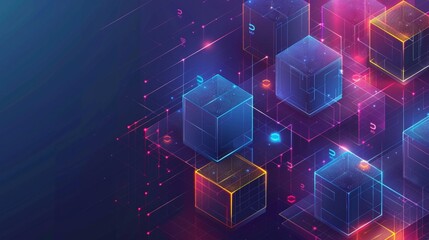 Leinwandbilder - Digital blocks with isometric connections forming crypto chains. Blocks or cubes are connected by digits. Abstract technology background. Modern illustration.