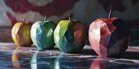 Poster - Three colorful apples are sitting on a table. Generative AI.