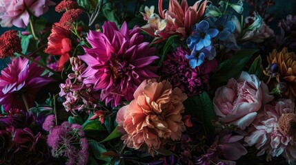 Poster - A bouquet of colorful flowers is shown on a dark background. Generative AI.