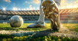 Fototapeta Sport - A soccer player's foot on a football, standing in front of an empty stadium with a grass field background.
