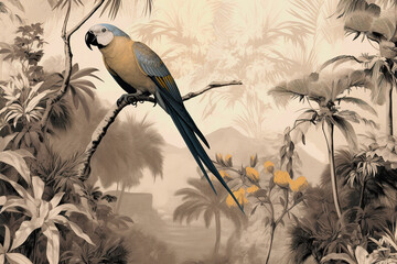 Wall Mural - Parrot sitting on branches in a rainforest, vintage illustration on light brown background in boho style