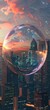 An abstract image depicting a giant bubble over a city skyline, symbolizing the unsustainable growth before an economic bubble bursts