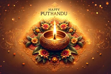 Happy puthandu card illustration with diya lamp and flowers decoration.