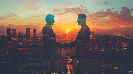 Poster - Business partnership over cityscape at sunset