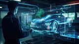 Fototapeta Miasto - engineer checking and touching on auto design hologram in lab, Diagnostic Auto in HUD style on big screen, EV car concept, Generative AI
