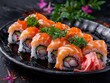 Sushi rolls with salmon and crab on black plate