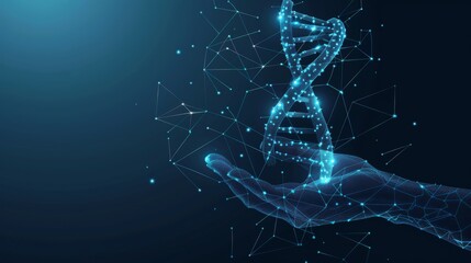 Leinwandbilder - Low polygon design of DNA in a doctor's hand on a blue background.