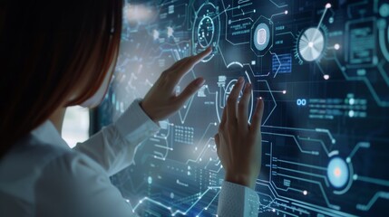 Leinwandbilder - An internet of things (IoT) user interface is developed with the help of a business woman who works with digital transformation change management.