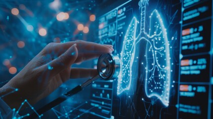 Aufkleber - Medical technology diagnostics concept.The stethoscope of a doctor and the hand of a medical professional working on a Ui virtual screen to treat the lungs of human beings.