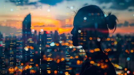 Leinwandbilder - With abstract Bangkok city background, a silhouette of a smart woman thinking about Finance Content marketing