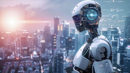 Poster - A modern abstract city background with robots automating processes.............