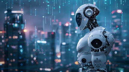Poster - RPA. Robotic Process Automation against an abstract modern city background...........