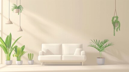 a white couch and two potted plants