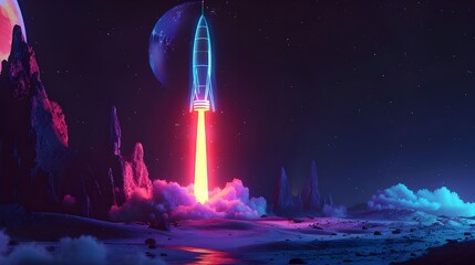 Wall Mural - Rocket taking off with fire and smoke over neon glowing light. Spaceship launch on black background.