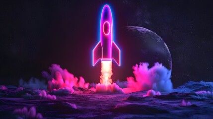 Wall Mural - Rocket taking off with fire and smoke over neon glowing light. Spaceship launch on black background.