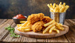 Crispy fried chicken tenders and french fries on wooden table.