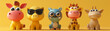 A row of adorable, colorful animal toys posing on a bright yellow background, looking cheerful.