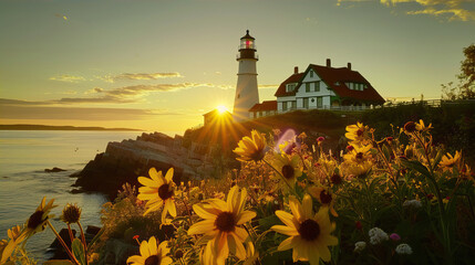 Lighthouse on a cliff in sunset light