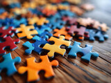 Fototapeta  - Vibrant puzzle pieces on a wooden table symbolizing autism awareness, individuality, and complexity.