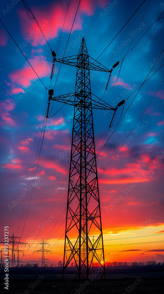 High voltage tower standing tall, silhouette against a fading sunset ...