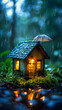 Mini house secured under umbrella, night setting, soft focus, shelter from chaos, dynamic angle, peace