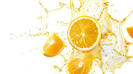 Canvas Print - Orange halves and orange juice floating on a white background
