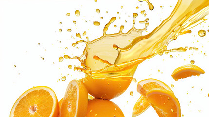 Poster - Orange halves and orange juice floating on a white background
