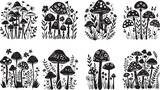 Fototapeta  - Black and white illustration of various mushrooms surrounded by flora, depicted in a charming black and white illustration, perfect for a variety of design uses