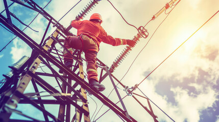 High voltage power electrician works in live wires on a high pole. On a pole high above, he ensures uninterrupted electricity supply.