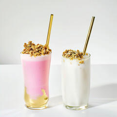 Poster - Two glasses with pink smoothie with granola on top
