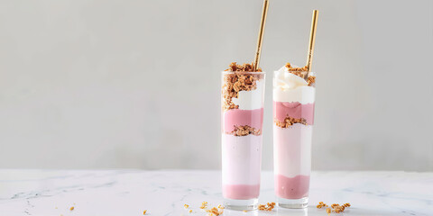 Poster - Two glasses with pink smoothie with granola on top
