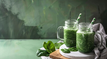 Poster - Two glasses with green smoothie on the table
