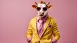 Cow decked out in a quirky fashion ensemble with a bright yellow jacket, waistcoat, and shades. Wide pink banner with right-side text space. chic animal impersonating a supermodel,