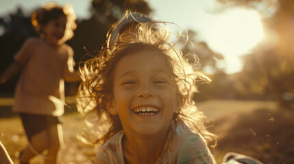 A joyful picture of a group of children playing in the park