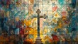 Vibrant stained glass window depicting a cross, symbolizing faith and spirituality, illuminating colors within a church setting.