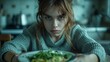 Unhappy teenage girl crossing her arms and pouting in front of a plate of healthy food and vegetables. Children healthcare concept. Generative ai
