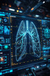 A high-tech, holographic display representing human lungs surrounded by various medical data and graphs in a blue scheme