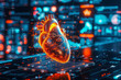 A visually striking 3D digital image of a human heart with pulsating lights and data-themed backdrop