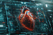This dynamic image visualizes a heart with graph data and medical analysis interface in a futuristic concept