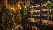 A magical herbal apothecary interior with drying herbs and dark shelves filled with mysterious bottles, invoking a sense of nature's healing power.