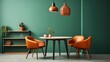 Orange leather chairs at round dining table against green wall, dining room