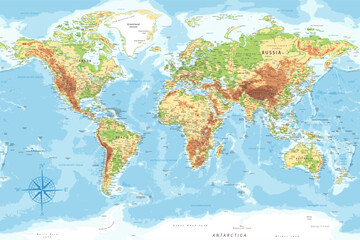  World Map - Highly Detailed Topographic Relief Vector Map of the World. Ideally for the Print Posters