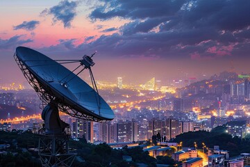 Satellite dish with night city