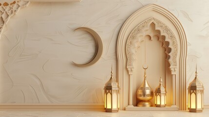 Wall Mural - Modern 3D greeting card Islamic holiday banner suitable for Ramadan, Raya Hari, Eid al-Adha and Mawlid. Attributes of a mosque, a crescent and a lit lantern on a beige background with empty space