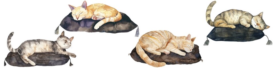 watercolor illustration of adorable cats sleeping on cushions isolated, in a clipart, white background.