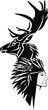 native american tribal chief wearing feathered headdress and deer stag head - black and white vector shaman and spirit animal portrait
