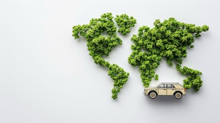 Poster - A 3D tree or forest shape of the world map on a white background. Earth Day or Environment Day Concept. Green earth with an electric car. Paris Agreement Concept.