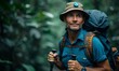 portrait hiker on the hands using trekking poles, lush forest backdrop