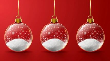 Poster - The Christmas decorations are glass baubles with transparent balls inside snow, tied with gold ribbon, and set in red background. This is a realistic 3D design of elements of Christmas decorations.